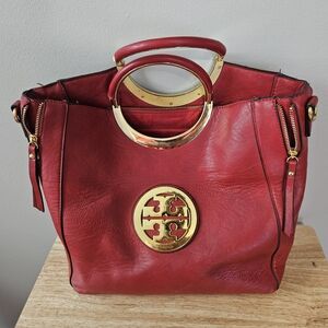 Tory Burch Red Leather Tote with Gold Logo Hardware